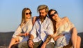 Summer holidays. Relations friendship romance. Trio lovers. Free relationship. Threesome concept. In love with both Royalty Free Stock Photo