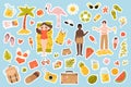 Summer holidays stickers set, cute tropical travel beach collection and sunbathing people Royalty Free Stock Photo