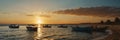 summer holidays in sunset beach fishing boats panoramic wide ai generated