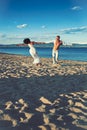 Summer holidays and travel vacation. Love relations of dancing couple enjoying summer day together. woman and man Royalty Free Stock Photo