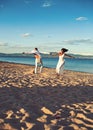 Summer holidays and travel vacation. Love relations of dancing couple enjoying summer day together. Couple in love dance Royalty Free Stock Photo