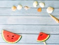 summer holidays vacation concept,pineapple watermelon n wooden background with copy space