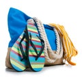 Summer holidays, vacation and travel concept. Beach handbag travel, flip flops