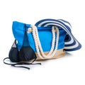 Summer holidays, vacation and travel concept. Beach handbag travel and straw hat