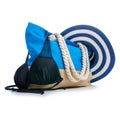 Summer holidays, vacation and travel concept. Beach handbag travel and straw hat