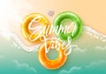 Summer holidays vector design. Summer vibes typography text in beach seashore with fruity floaters and sea shell tropical elements Royalty Free Stock Photo
