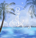 Summer holidays vector illustration. Beach, beautiful sailboat, palm trees, beautiful panoramic sea view, Vector. Royalty Free Stock Photo