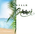 Summer holidays vector illustration. Beach, palm trees beautiful panoramic sea view, with clean water blue sky. Vector.