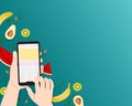 Summer holidays vector illustration. Hand holds smartphone using an application.