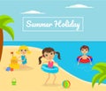 Summer Holliday Banner Template with Cute Kids Playing on Tropical Beach Vector Illustration Royalty Free Stock Photo