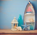 Summer home decor objects on wooden table. Summer interior background Royalty Free Stock Photo
