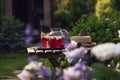 summer homemade cherry lemonade with ice in blooming garden