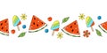 Summer horizontal vector border with cute watermelon, cherry, blueberries and ice cream