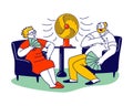 Summer Hot Period of Time Concept. Sweltering in Heat Aged People Characters Sitting on Sofa Use Fans