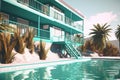 Summer hotel with pool in vaporwave style, pink and blue colors.