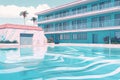 Summer hotel with pool in vaporwave style, pink and blue colors