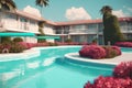 Summer hotel with pool in vaporwave style, pink and blue colors. Generated AI.