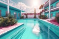 Summer hotel with pool in vaporwave style, pink and blue colors. Generated AI.