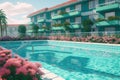 Summer hotel with pool in vaporwave style, pink and blue colors. Generated AI.