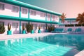 Summer hotel with pool in vaporwave style, pink and blue colors. Generated AI.