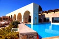 Summer hotel terrace with outdoor pool, Crete, Greece. Royalty Free Stock Photo