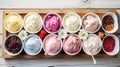 Summer ice cream buffet with a variety of flavors and sweet toppings. Generative AI