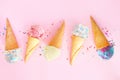 Summer ice cream cone flat lay over a pink background Royalty Free Stock Photo