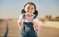 Summer, ice cream and happy portrait of child with smile and dripping face walking on street. Happiness, dessert and