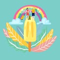 Summer icecream concept, happy couple man and woman on vacation walking under rainbow cartoon flat vector illustration. Royalty Free Stock Photo