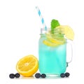 Summer iced blue lemonade in a mason jar glass isolated on white