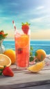Summer iced cold drink with strawberry and lemon. Generative AI