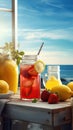 Summer iced cold drink with strawberry and lemon. Generative AI