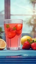 Summer iced cold drink with strawberry and lemon. Generative AI