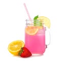 Summer iced pink lemonade in a mason jar glass isolated on white