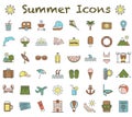 Summer icon. Bright, multi-colored icons are circled with a dark line. Tourism symbol. Vector illustration