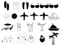 Summer icon set. Black outline icons: airplane, yacht, glasses, slippers, cocktail, smoothies, coconut, chaise and other