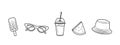 summer icon set, black outline vector icons, ice cream, ice coffee, sunglasses, cocktail, watermelon, panama Royalty Free Stock Photo