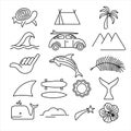 Summer beach surf icon set in line art style