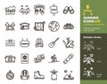 Summer icons, Camping and Nature. Objects, landscapes and activities. Vector thin line illustration. Easily editable stroke
