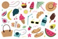 Summer icons collection, vector illustrations of sunglasses, fruits and ice cream, colorful summertime essentials Royalty Free Stock Photo