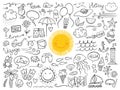 Summer icons cute Big Doodle set. Outline Style, hand drawn elements. Royalty Free Stock Photo