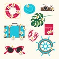 Summer icons Set with exotic palm leaves camera, hat, lifebuoy, passport, suitcase, flip flops, glasses, steering wheel, tropical Royalty Free Stock Photo