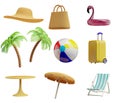 Summer icons set. Hat bag ball inflatable flamingo palm trees suitcase deck chair umbrella table. 3d rendering Royalty Free Stock Photo