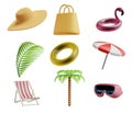 Summer icons set. Hat bag inflatable flamingo palm leaf deck chair umbrella goggles. 3d rendering Royalty Free Stock Photo