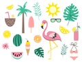 summer icons set, ice cream, drinks, palm leaves, fruits and flamingo. Bright summertime poster set. Collection of Royalty Free Stock Photo