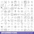 100 summer icons set, outline style Royalty Free Stock Photo