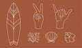 Summer icons set with surfboards, palm leaves, corrals and seashells. Cute sea, ocean and brown background with sand.
