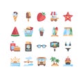 20 summer icons set. Vector illustration. ice cream, strawberry, glasses, swimsuit, beach shorts, island, surfboards, plane Royalty Free Stock Photo