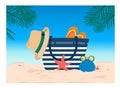 Summer illustration with beach bag on the sand