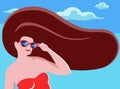 Summer illustration with beautiful young woman with red sunglasses and swimsuit. Banner large rectangle vector holidays concept Royalty Free Stock Photo